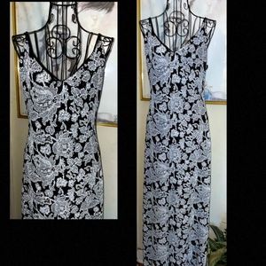 ARIANNA BY RACHEL KAYE SILVER/BLACK FLORAL LACE FULL LENGTH DRESS~STRETCH~10